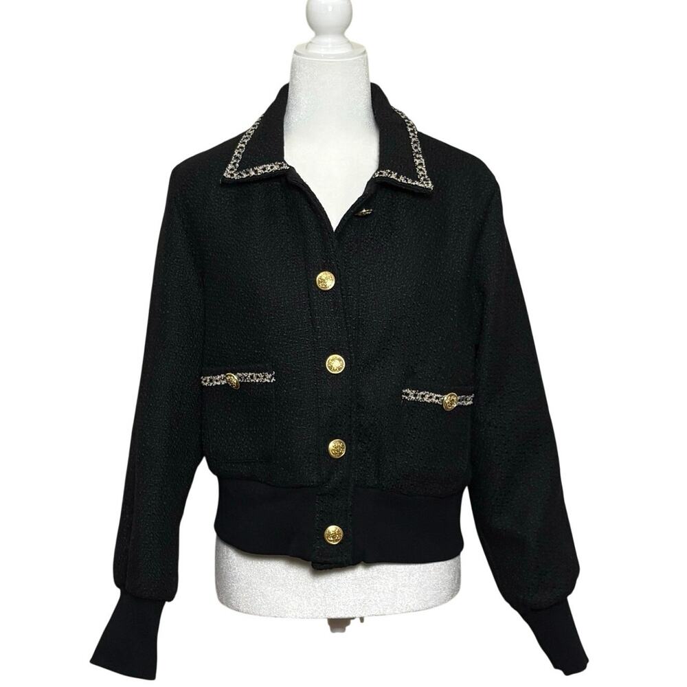 Ellen Tracy Bouclé Bomber Blazer Women's L Black Textured Jacket